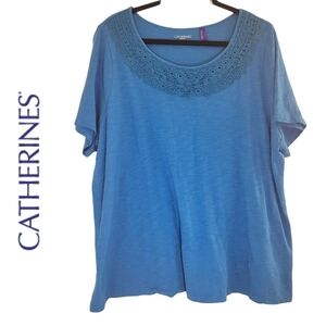 Catherine's Plus Petite Slub Knit Crochet Teal Tee•1XWP NWOT